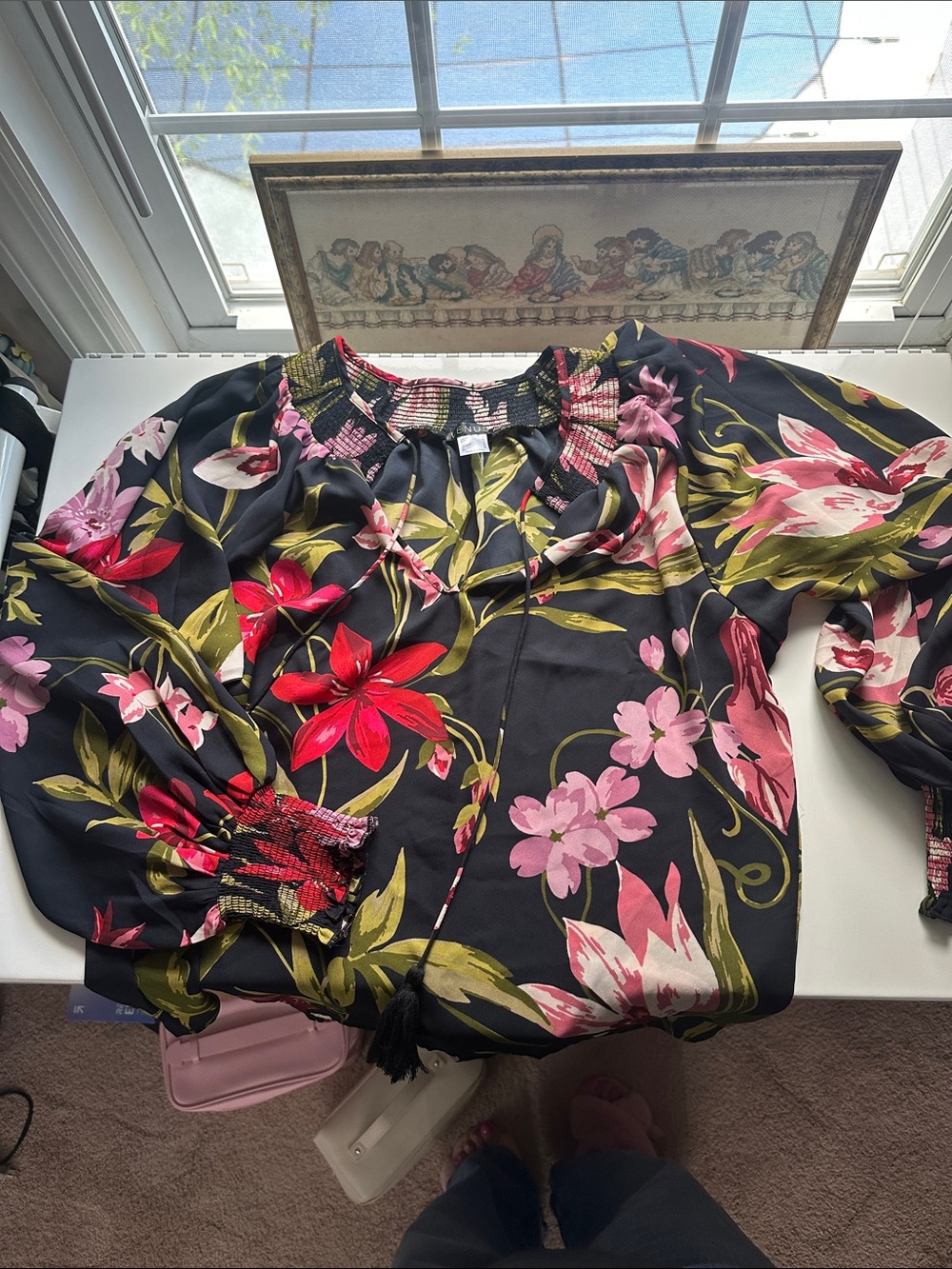 VENUS Black Floral Smocked Neck Blouse with Pink & Green Accents